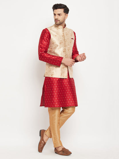 vastramay mens rose gold woven jacquard nehru jacket with maroon silk blend zari work kurta and rose gold pant style pyjama set