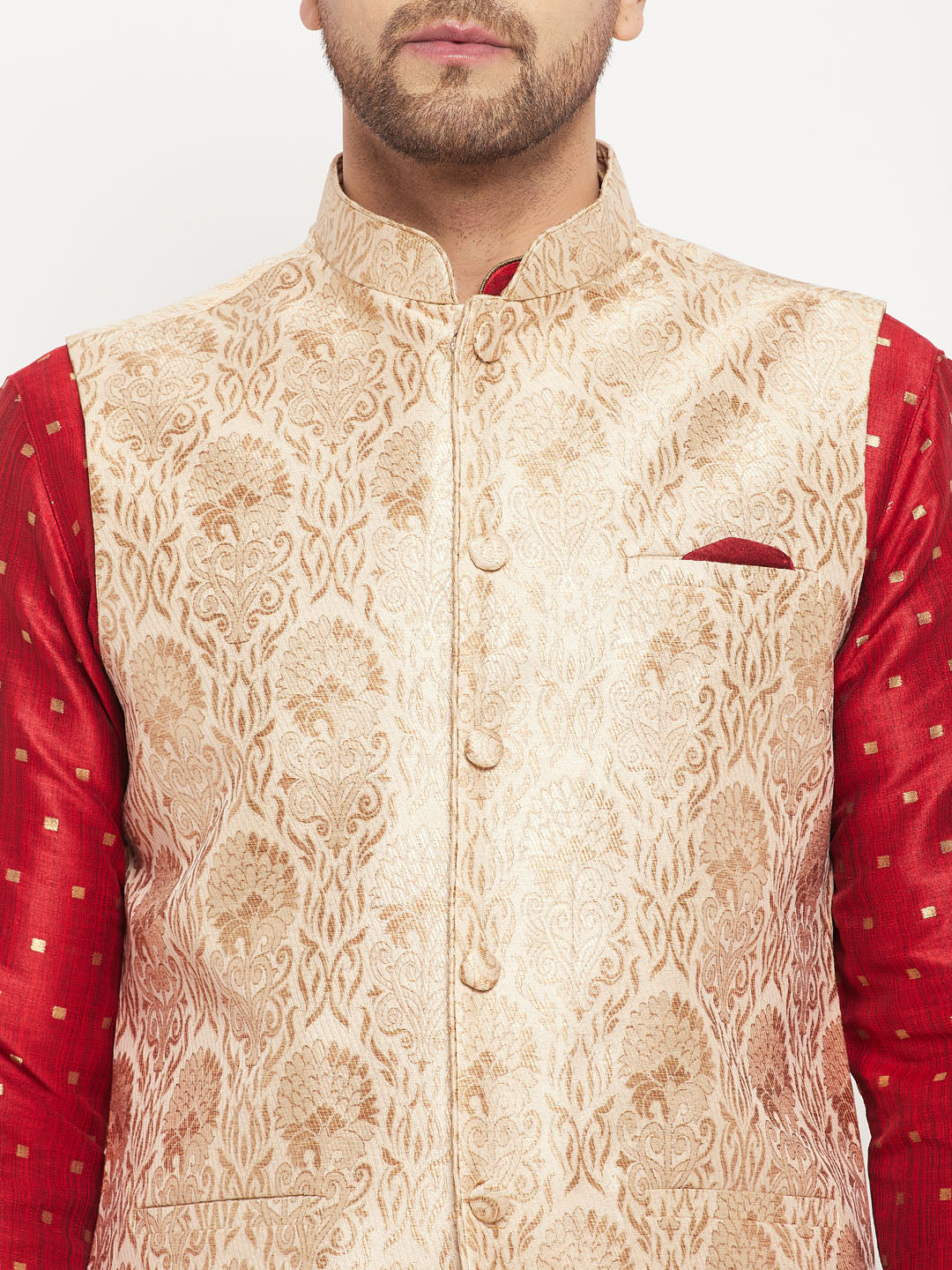 vastramay mens rose gold woven jacquard nehru jacket with maroon silk blend zari work kurta and rose gold pant style pyjama set