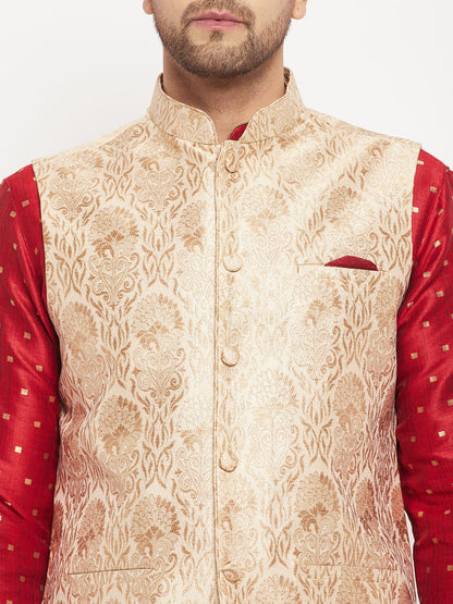 vastramay mens rose gold woven jacquard nehru jacket with maroon silk blend zari work kurta and rose gold pant style pyjama set