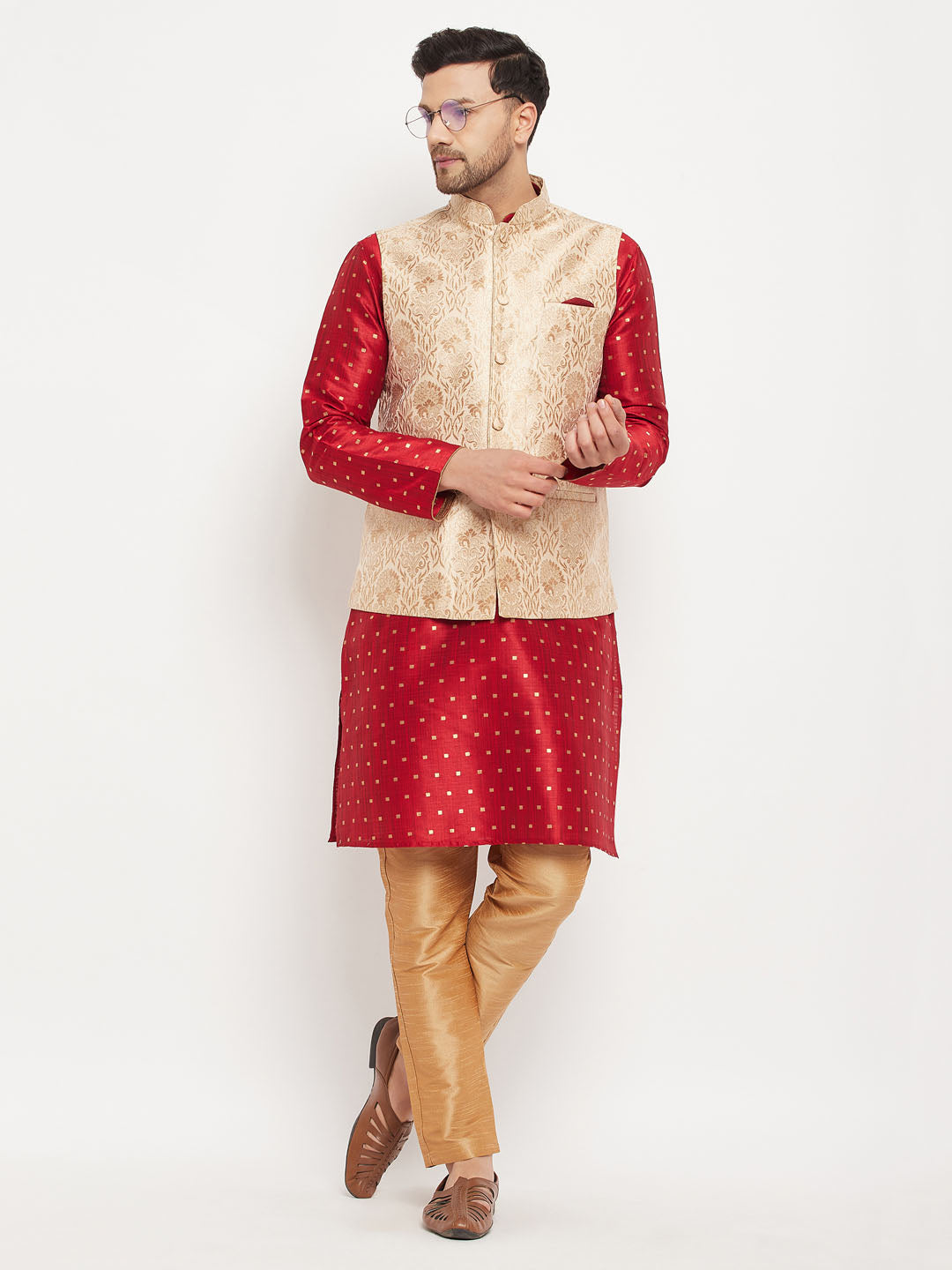 Vastramay Men's Rose Gold Jacquard Jacket With Kurta And Pant Set