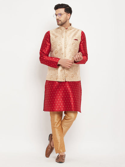 Vastramay Men's Rose Gold Jacquard Jacket With Kurta And Pant Set