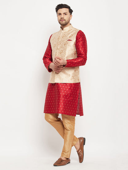 vastramay mens rose gold woven jacquard nehru jacket with maroon silk blend zari work kurta and rose gold pant style pyjama set