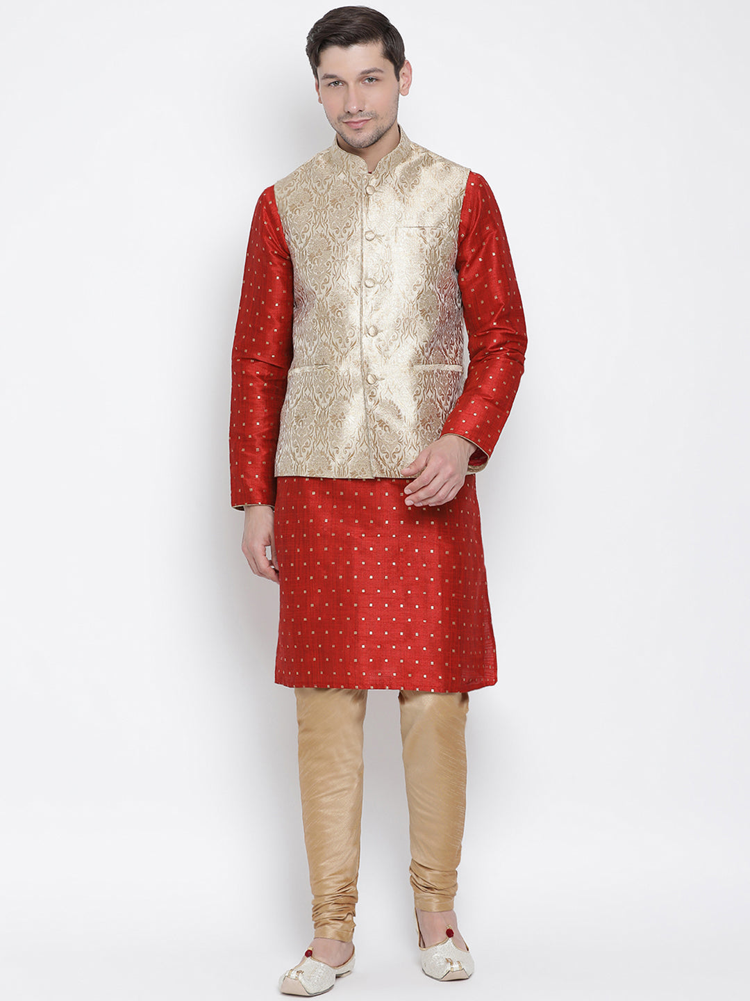 VM By VASTRAMAY Men's Rose Gold Jacquard Jacket With Kurta Pyjama Sett