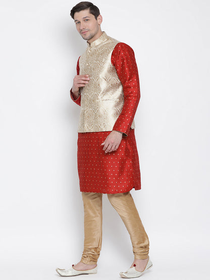 VASTRAMAY Men's Rose Gold Jacquard Jacket With Kurta Pyjama Sett