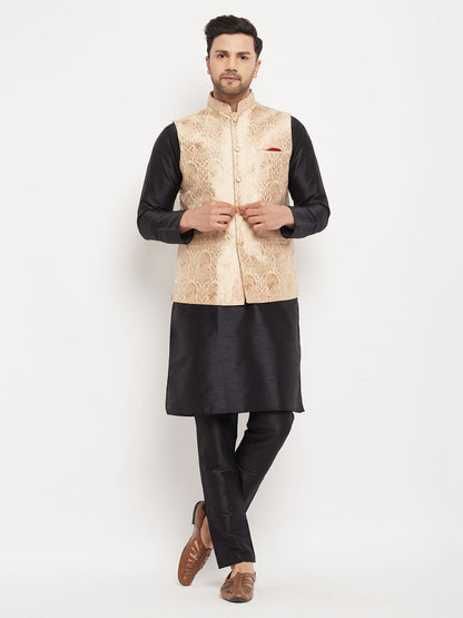 vastramay mens black woven jacquard nehru jacket with black silk blend kurta and maroon pant style pyjama set