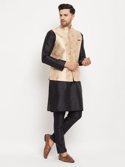 vastramay mens black woven jacquard nehru jacket with black silk blend kurta and maroon pant style pyjama set