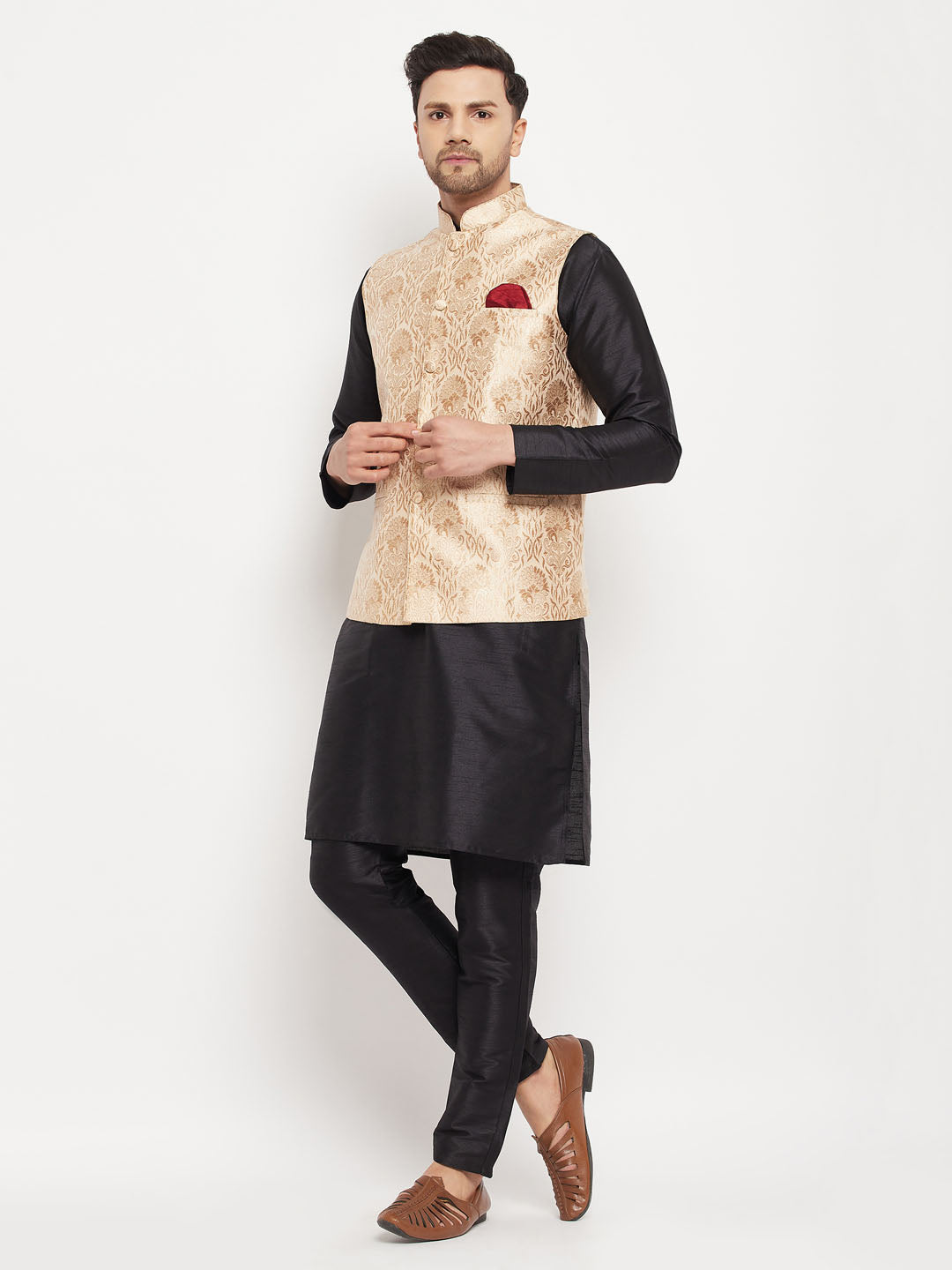 vastramay mens black woven jacquard nehru jacket with black silk blend kurta and maroon pant style pyjama set