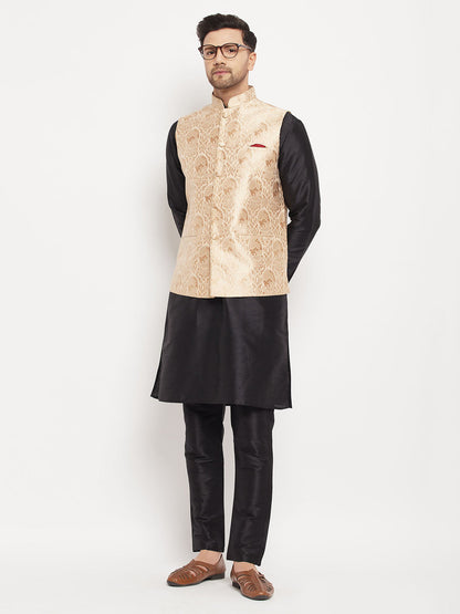 Vastramay Men's Rose Gold Jacquard Jacket With Kurta And Pant Set