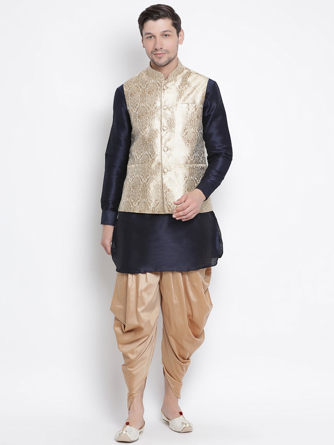 VM By VASTRAMAY Men's Navy Blue Jacquard Jacket With Kurta Dhoti Set