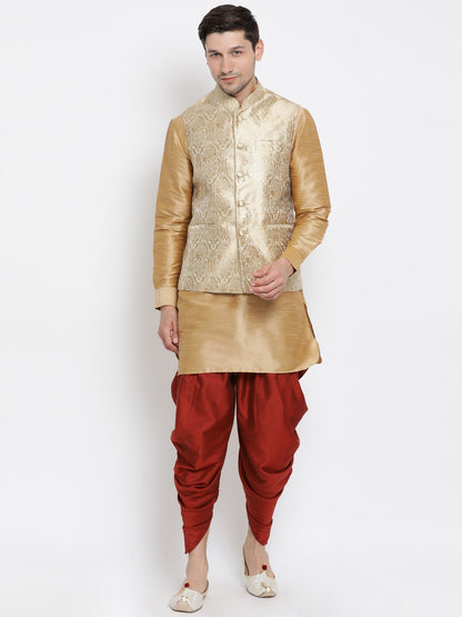 VM By VASTRAMAY Men's Rose Gold Jacquard Jacket With Kurta Dhoti Set