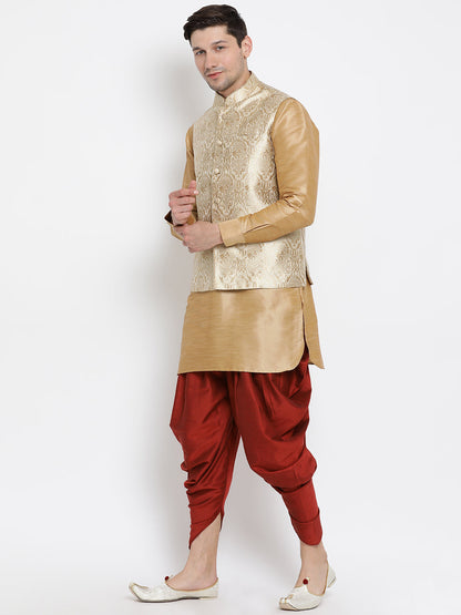 VASTRAMAY Men's Rose Gold Jacquard Jacket With Kurta Dhoti Set