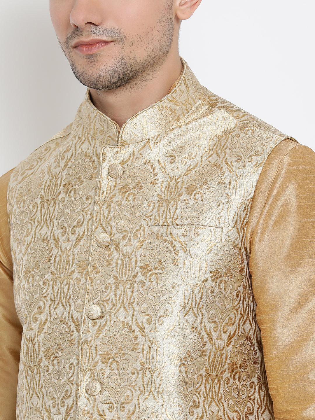 VASTRAMAY Men's Rose Gold Jacquard Jacket With Kurta Dhoti Set