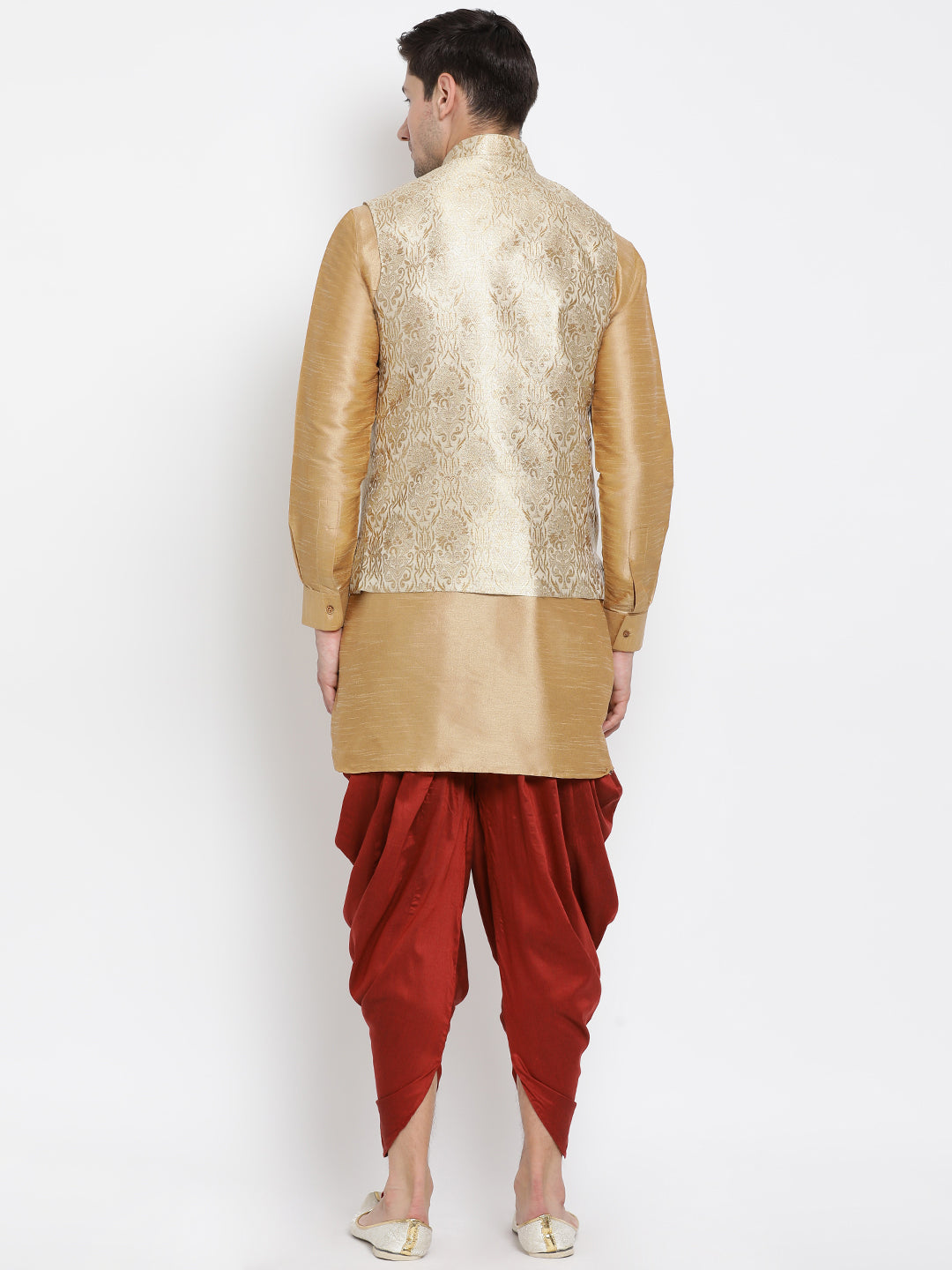 VASTRAMAY Men's Rose Gold Jacquard Jacket With Kurta Dhoti Set