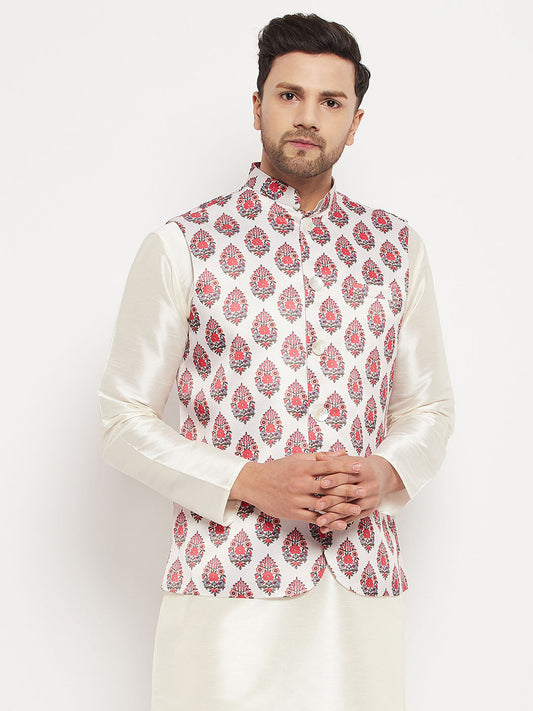 Vastramay Men's White & Red Floral Printed Slim-Fit Satin Nehru Jacket