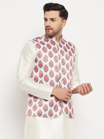 Vastramay Men's White & Red Floral Printed Slim-Fit Satin Nehru Jacket