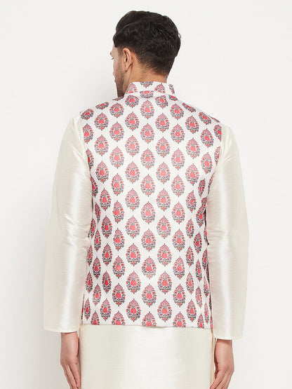 Vastramay Men's White & Red Floral Printed Slim-Fit Satin Nehru Jacket