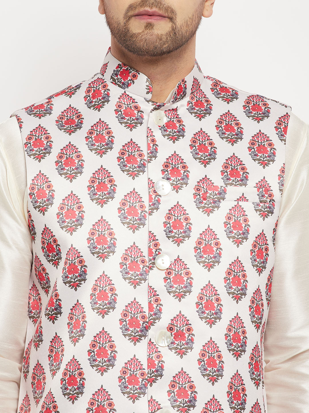 Vastramay Men's White & Red Floral Printed Slim-Fit Satin Nehru Jacket