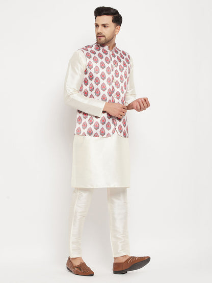 Vastramay Men's White & Red Floral Printed Slim-Fit Satin Nehru Jacket