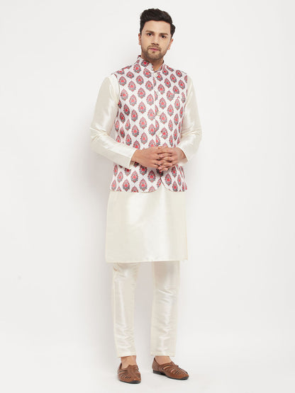 VM BY VASTRAMAY Men's Cream Printed Ethnic Jacket With Cream Silk Blend Kurta and Pant Style Pyjama Set