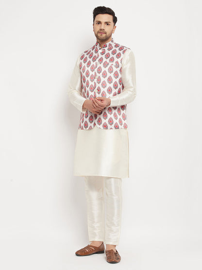 VASTRAMAY Men's Cream Printed Ethnic Jacket With Cream Silk Blend Kurta and Pant Style Pyjama Set