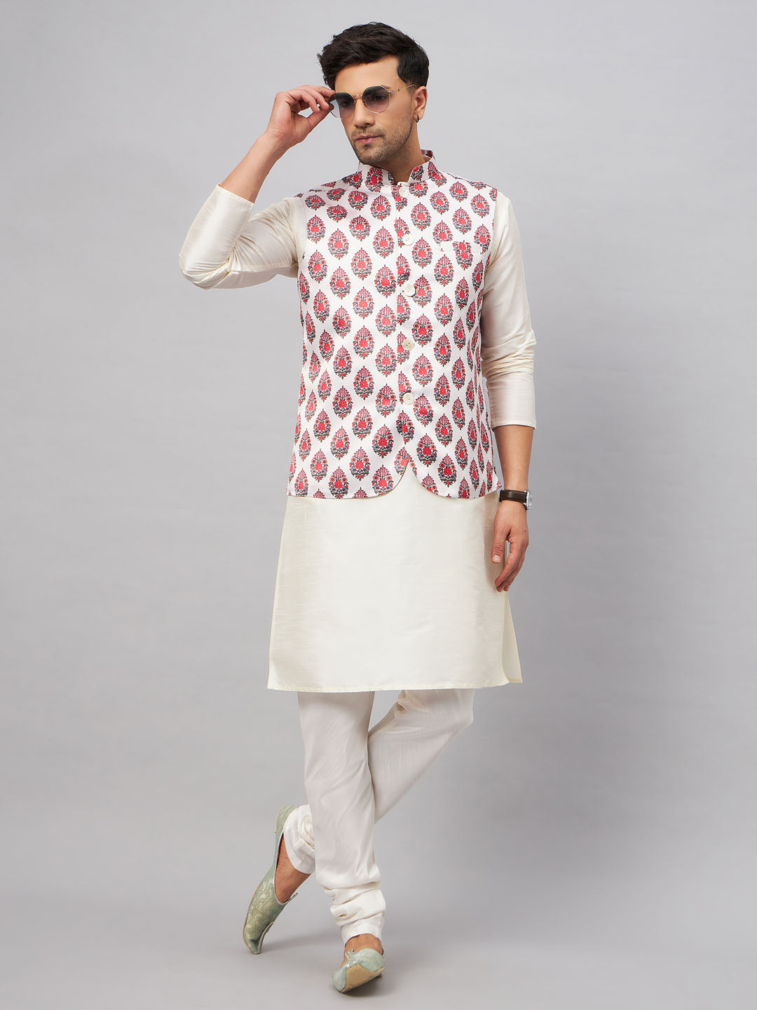 VASTRAMAY Men's Multicolor Printed Ethnic Jacket With Cream Silk Blend Kurta and Pyjama Set