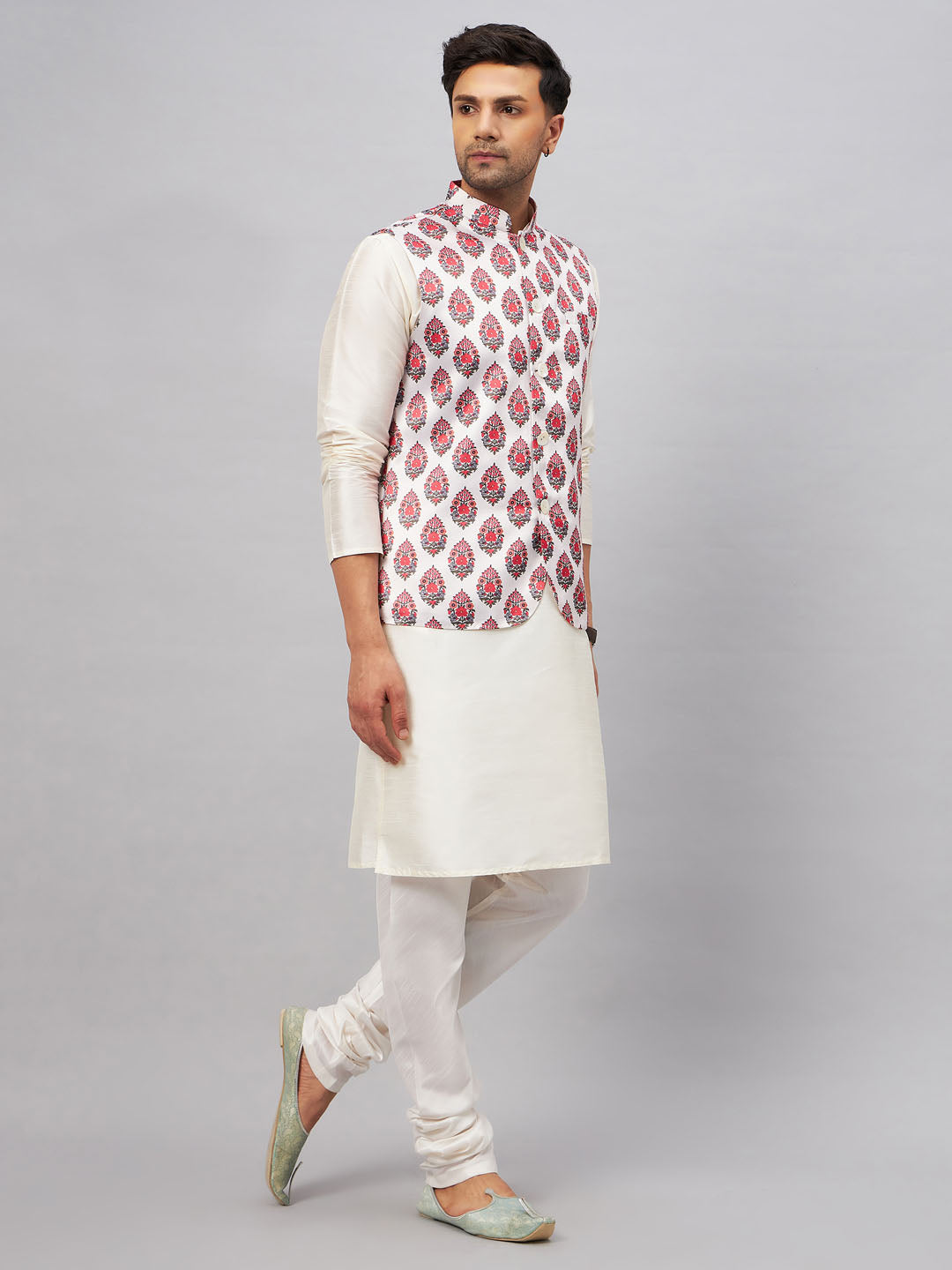 VASTRAMAY Men's Multicolor Printed Ethnic Jacket With Cream Silk Blend Kurta and Pyjama Set