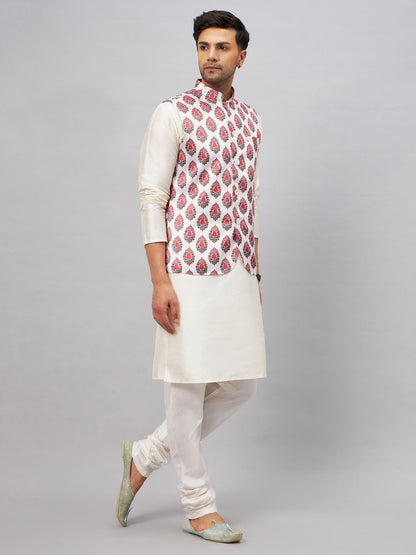 VASTRAMAY Men's Multicolor Printed Ethnic Jacket With Cream Silk Blend Kurta and Pyjama Set