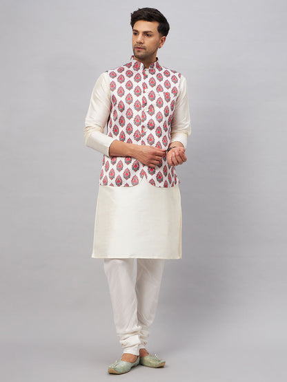 VASTRAMAY Men's Multicolor Printed Ethnic Jacket With Cream Silk Blend Kurta and Pyjama Set