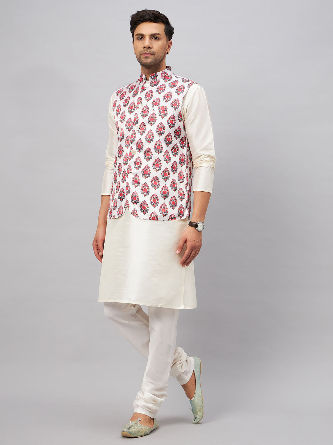 VASTRAMAY Men's Multicolor Printed Ethnic Jacket With Cream Silk Blend Kurta and Pyjama Set