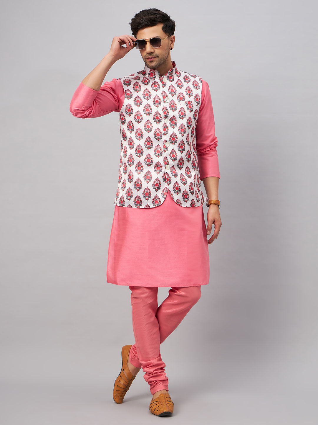 VASTRAMAY Men's Multicolor Printed Jacket With Pink Kurta And Pyjama Set