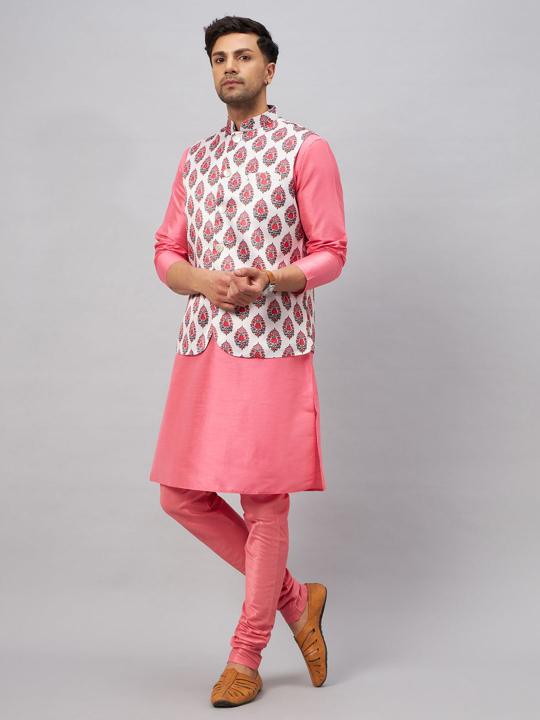 VASTRAMAY Men's Multicolor Printed Jacket With Pink Kurta And Pyjama Set