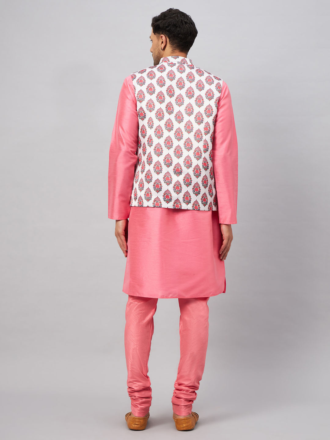 VASTRAMAY Men's Multicolor Printed Jacket With Pink Kurta And Pyjama Set