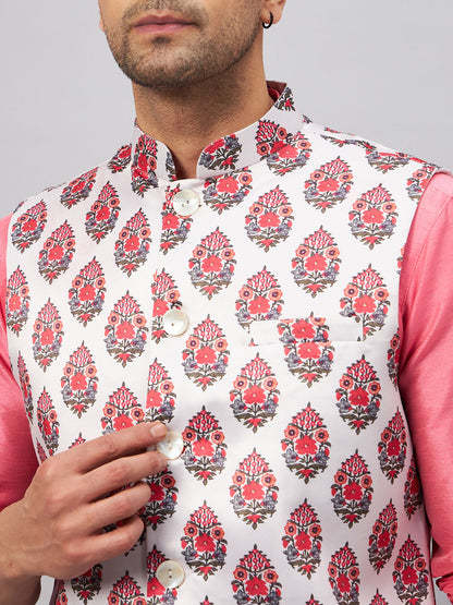 VASTRAMAY Men's Multicolor Printed Jacket With Pink Kurta And Pyjama Set