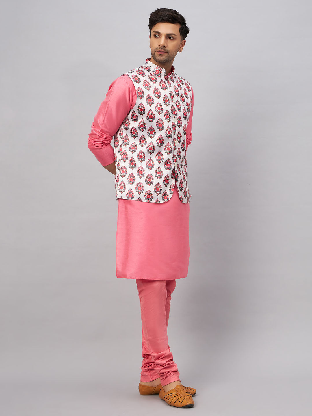 VASTRAMAY Men's Multicolor Printed Jacket With Pink Kurta And Pyjama Set