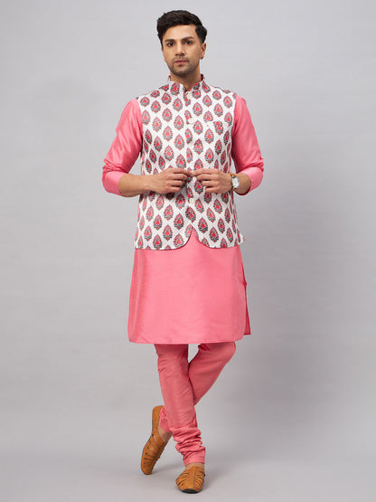 VASTRAMAY Men's Multicolor Printed Jacket With Pink Kurta And Pyjama Set