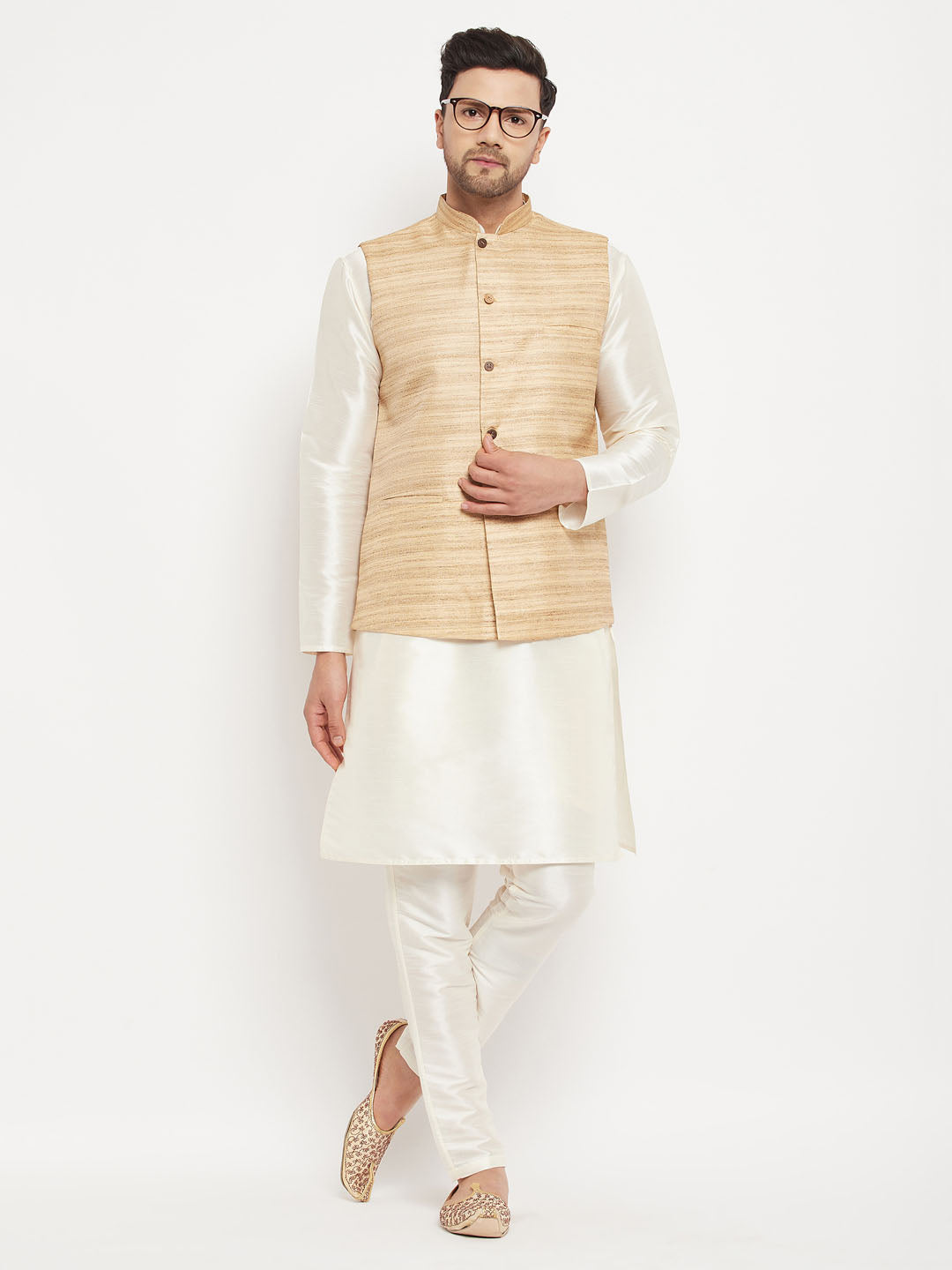 VM BY VASTRAMAY Men's Beige Matka Silk Nehru Jacket With Cream Silk Blend Kurta and Pant style Pyjama Set