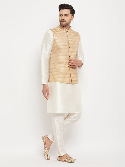 VASTRAMAY Men's Beige Matka Silk Nehru Jacket With Cream Silk Blend Kurta and Pant style Pyjama Set