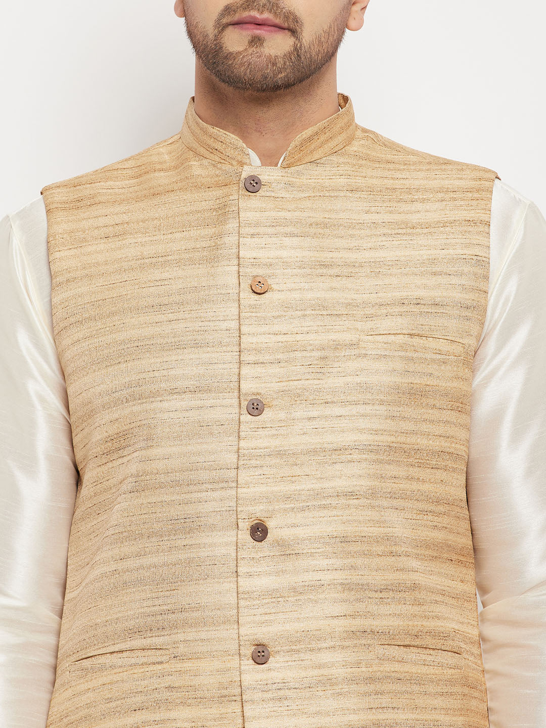 VASTRAMAY Men's Beige Matka Silk Nehru Jacket With Cream Silk Blend Kurta and Pant style Pyjama Set