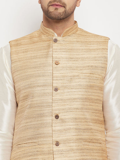 VASTRAMAY Men's Beige Matka Silk Nehru Jacket With Cream Silk Blend Kurta and Pant style Pyjama Set