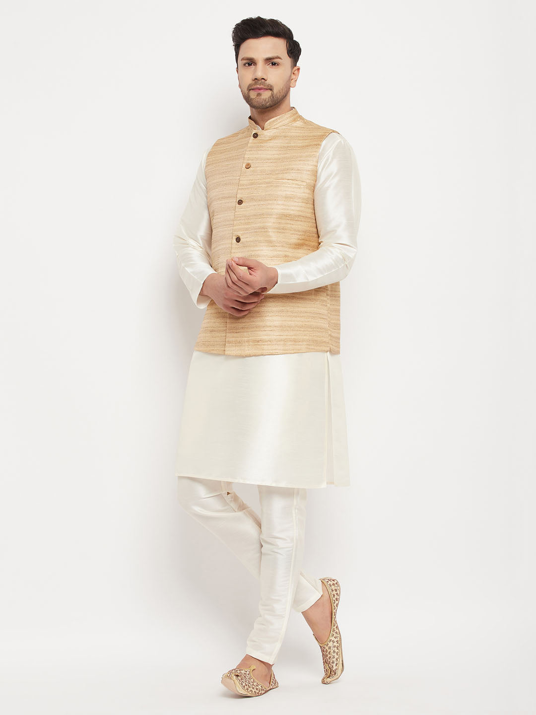 VASTRAMAY Men's Beige Matka Silk Nehru Jacket With Cream Silk Blend Kurta and Pant style Pyjama Set