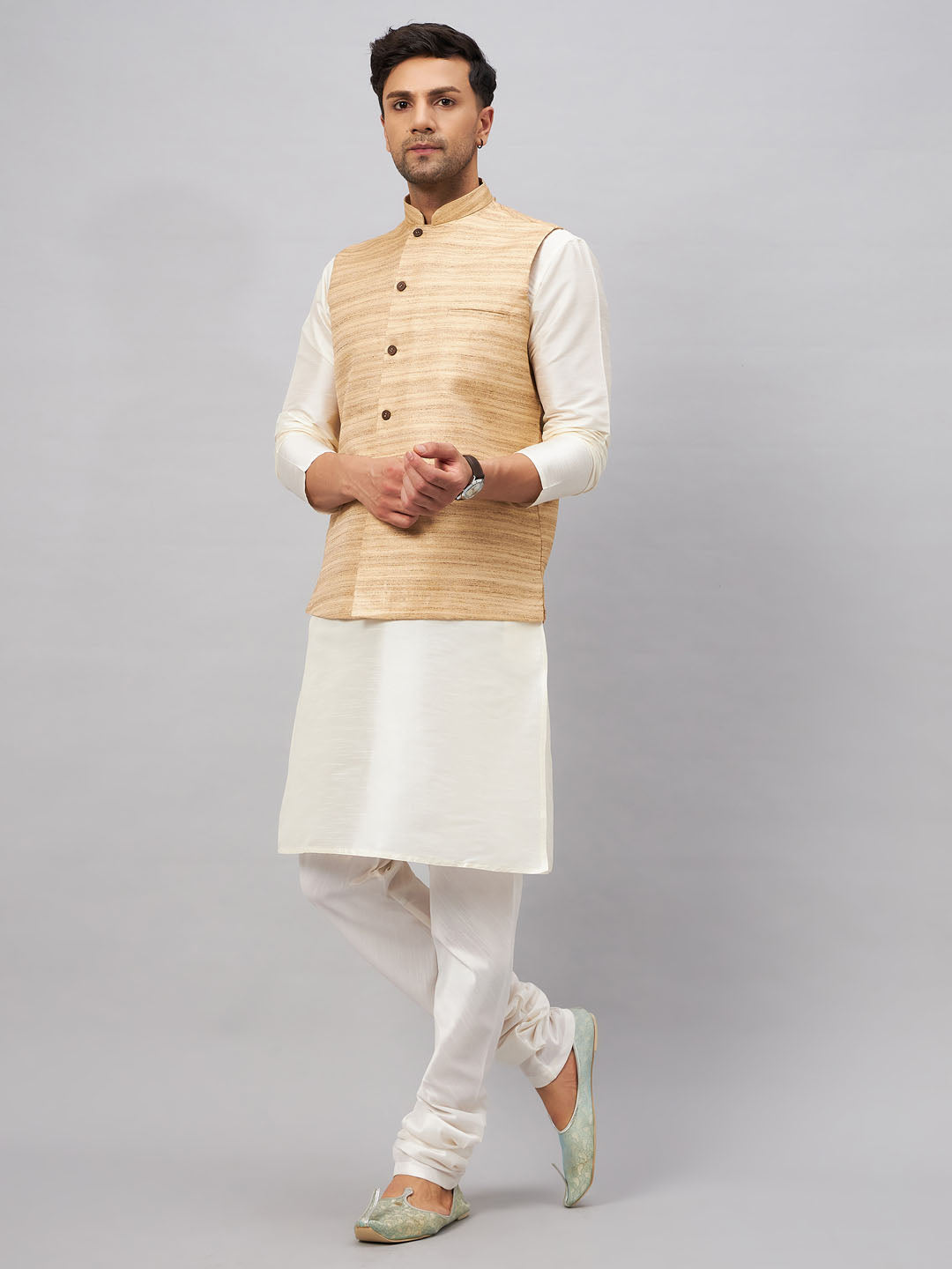 VASTRAMAY Men's Beige Matka Silk Nehru Jacket With Cream Silk Blend Kurta Pyjama Set