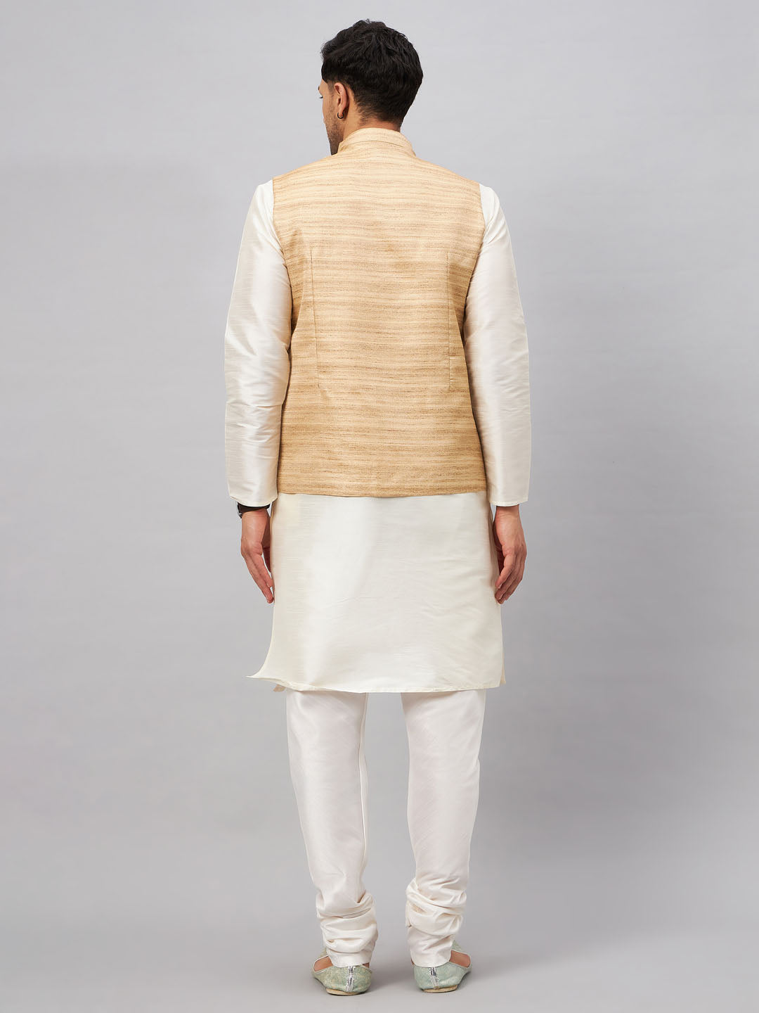 VASTRAMAY Men's Beige Matka Silk Nehru Jacket With Cream Silk Blend Kurta Pyjama Set