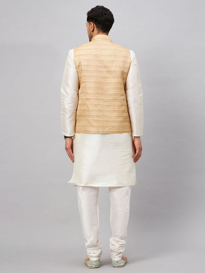 VASTRAMAY Men's Beige Matka Silk Nehru Jacket With Cream Silk Blend Kurta Pyjama Set