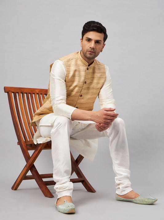 VM BY VASTRAMAY Men's Beige Matka Silk Nehru Jacket With Cream Silk Blend Kurta Pyjama Set