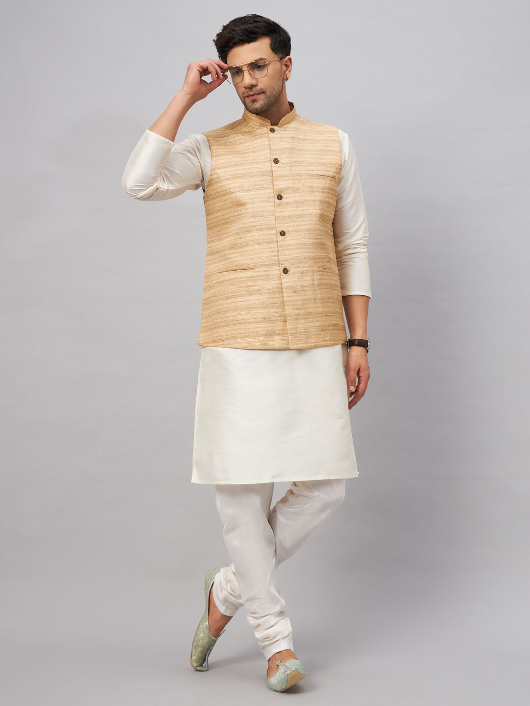 VASTRAMAY Men's Beige Matka Silk Nehru Jacket With Cream Silk Blend Kurta Pyjama Set