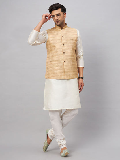 VASTRAMAY Men's Beige Matka Silk Nehru Jacket With Cream Silk Blend Kurta Pyjama Set