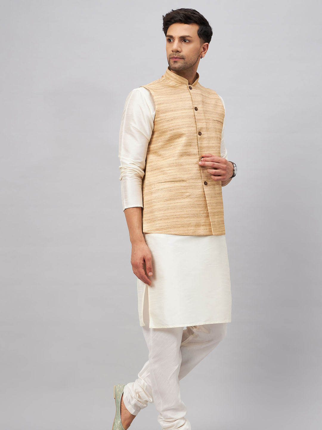 VASTRAMAY Men's Beige Matka Silk Nehru Jacket With Cream Silk Blend Kurta Pyjama Set