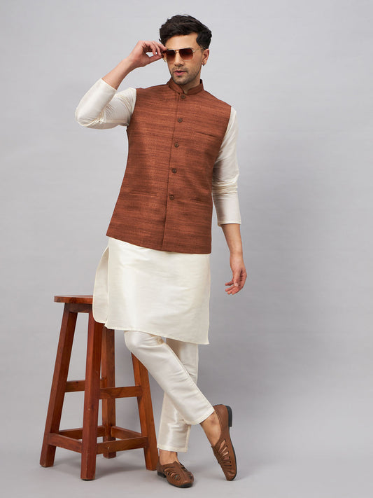 VM BY Vastramay Men's Coffee Jacket With Cream Kurta And Pant Set