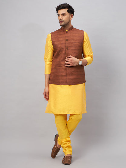 VASTRAMAY Men's Coffee Jacket With Yellow Kurta And Pyjama Set