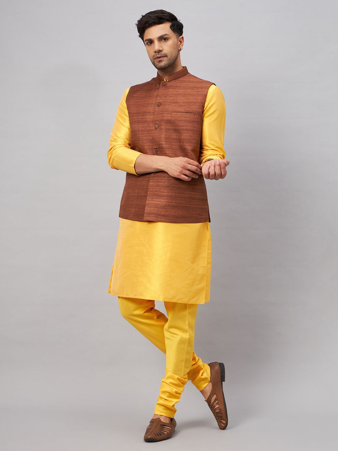 VASTRAMAY Men's Coffee Jacket With Yellow Kurta And Pyjama Set